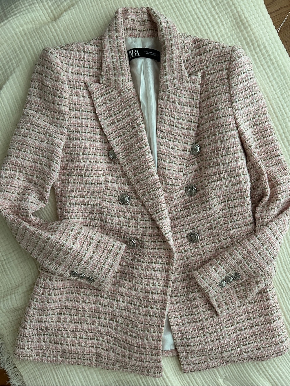 Zara Blush Pink Tweed Double-Breasted Blazer